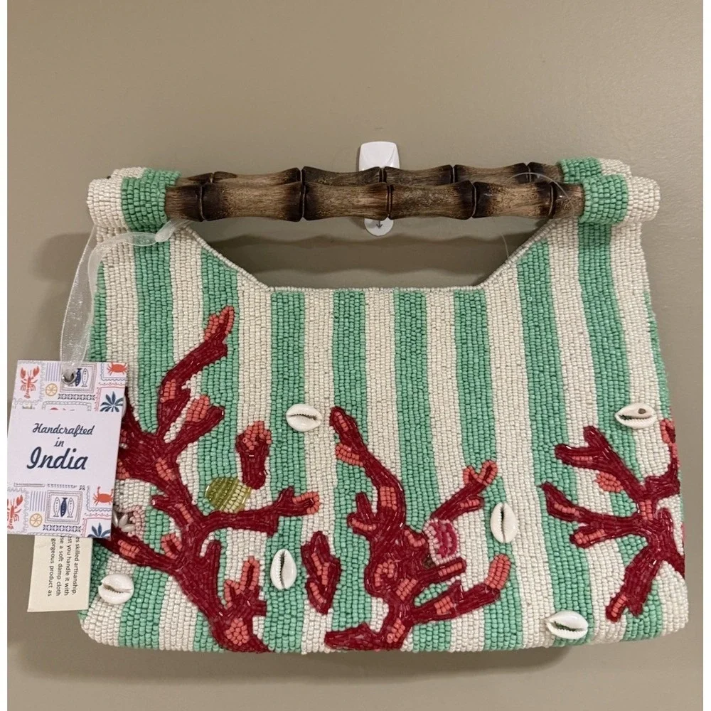 NEW RELEASE Made In India Beaded Sea Coral Green White Striped Bamboo Clutch NWT